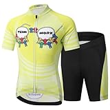 SXSHUN Fahrradtrikot Set Kinder Jungen Mädchen Radtrikot Mtb Trikot Kurze Radlerhose mit Polster Radsport-bekleidung, Gelb, 104-110