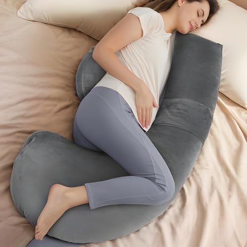 ronofo 57 Inch J-Shaped Maternity Pillow for Pregnant Women, Full Body Pregnancy Pillow for Side Sleepers, Velvet Comfort with Removable Washable Cover, Ideal for Adults Sleeping Support
