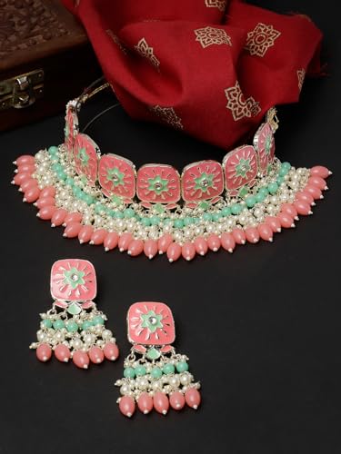 Enamel Multicolor Choker Necklace Set with Earrings