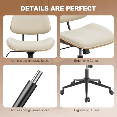 Image of Armless Office Chair with Wheels, PU Leather Adjustable Height Desk Chair - 360 Swivel Ergonomic Computer Chair for Small Space, Modern Walnut Style, Home & Meeting Room, Beige