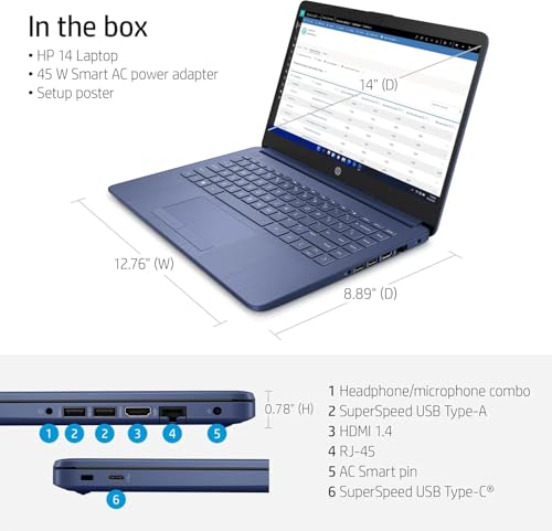 Image of HP 14 inch HD Laptop | Back to School Limited Edition with 1 Year Microsoft 365 | Intel Quad-Core Processor | 32GB RAM | 576GB Storage | Long Battery Life | Royal Blue | w /WOWPC Bundle | Windows 11