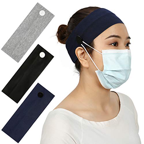 HDE Headbands with Buttons for Mask - 3 Pack of Yoga Headband with Button for Face Masks and Covers
