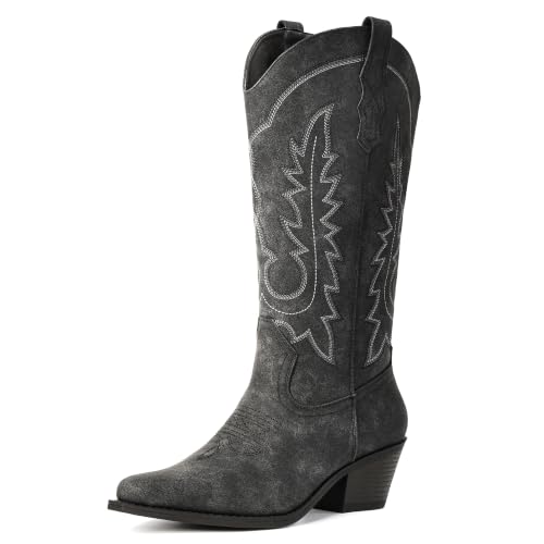 Image of Women's Pointed Toe Mid Calf Cowboy Boots - Cowgirl Boots with Chunky Heel