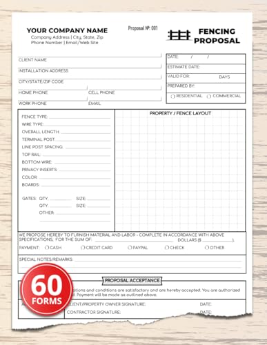 Fencing Proposal Forms: Fence Engineer Estimate Book | 60+ Forms, 120 Single-Sided Pages