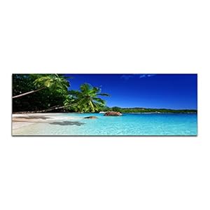 Panoramabeeld op doek en spieraam 150x50cm Seychellen strand zee palmen