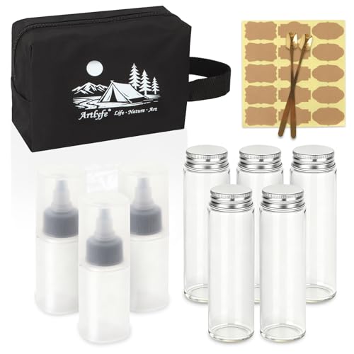 Artlyfe Juego de 8 tarros de especias con cuchara y pegatinas, recipiente para especias para viajes al aire libre con bolsa de transporte impermeable, tarros de especias para camping, barbacoa, picnic