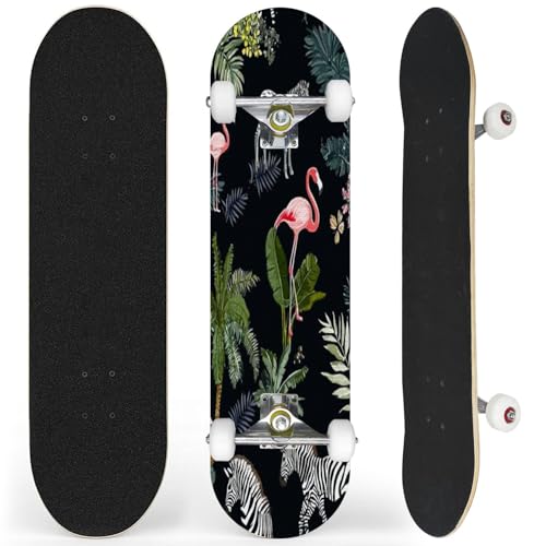 Complete Skateboard with Seamless Jungle Animals Flowers Trees Beginner Skateboard 7-Layer Maple Wood Double Kick Concave Skateboards for Kids, Adults, Teens 31
