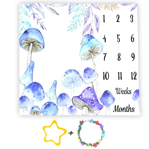 Image of Mushroom Theme Baby Monthly Milestone Blanket, Soft Flannel Watercolor Spring Tropical Eucalyptus Leaves Botanical Photography Prop Newborn Baby Shower Age Growth Tracker (Blue, 60x40in)
