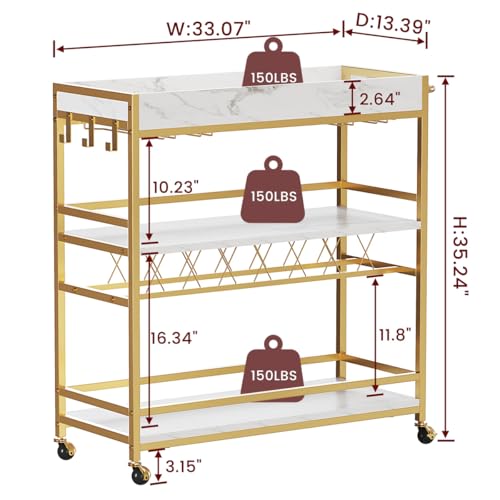 Image of BON AUGURE Gold Bar Cart on Wheels for Home with Wine Rack & Glass Holders
