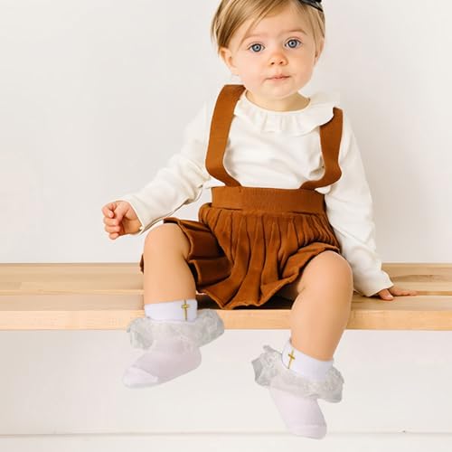 Newborn Baptism Socks Infant Turn Cuff White Christening Cotton Sock With Eyelet Ruffle Lace and Cross, 0-12 Months4