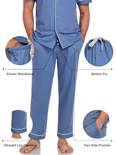 Image of COLORFULLEAF 100% Cotton Mens Pajamas Set Short Sleeve Loungewear with Long Pants Button Down Sleepwear Soft Comfy Pj for Men