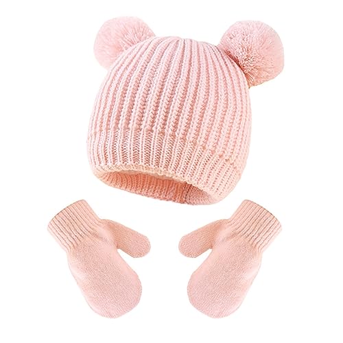 Baby Beanie Toddler Winter Hat with Earflap,Baby Girls Boys Warm Fleece Skull Cap Baby Hat and Mittens Set for 1-3 Years Pink