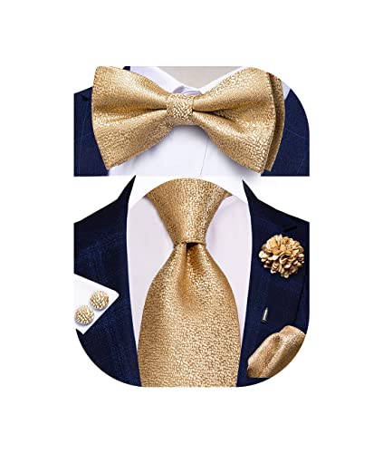 Image of Hi-Tie 5Pcs Mens Solid Color Silk Tie Satin Pretied Bowtie Lapel Pin for Men Handkerchief Cufflink Wedding Gift Box