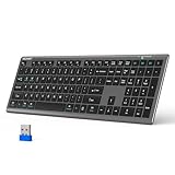 TECKNET Bluetooth Keyboard Rechargeable, 4-Device Free Switching (2.4G+BT), Ultra-Slim Full Size Wireless Keyboard, Quiet Typing, for PC/Laptop/Smart TV/Phone, Adjustable Stand, 12 Multimedia Keys