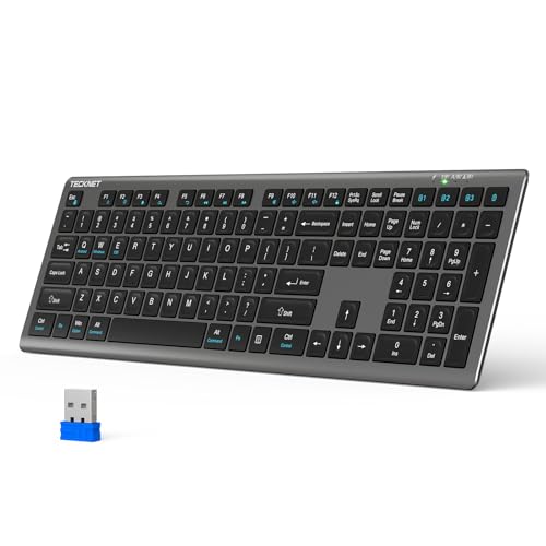 TECKNET Bluetooth Keyboard Rechargeable, 4-Device Free Switching (2.4G+BT), Ultra-Slim Full Size Wireless Keyboard, Quiet Typing, for PC/Laptop/Smart TV/Phone, Adjustable Stand, 12 Multimedia Keys