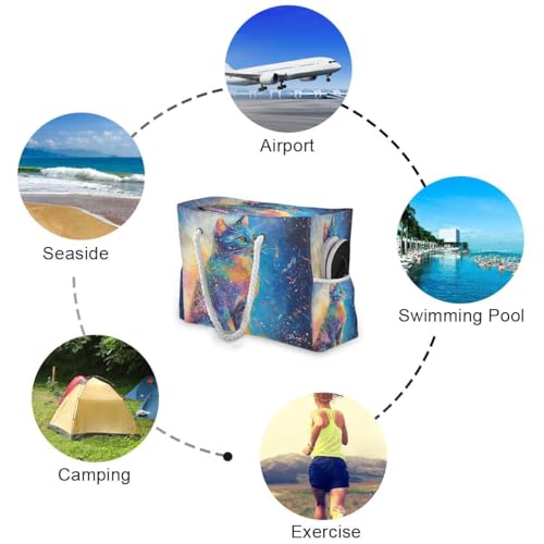 Large Beach Bags Totes Canvas Tote Shoulder Bag Colorful Cats Water Resistant Bags for Gym Travel Daily3
