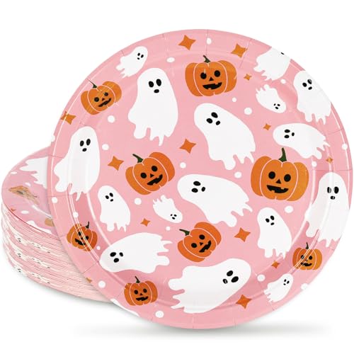 AnyDesign 24Pcs Pink Halloween Paper Plates 9 Inch Cute Ghost Pum...