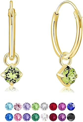 DTPsilver® 925 Sterling Silver Yellow Gold Plated SMALL Hoops Earrings & Round Dangling 3 mm Crystals from Swarovski® Elements - Thickness 1.2 mm - Diameter: 12 mm