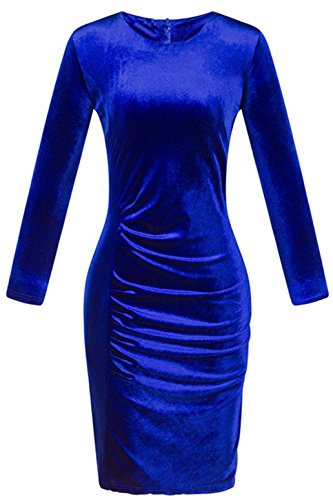 Manga Larga Frunces Delantera Zipper Espalda Terciopelo Midi a Media Pierna Bodycon de Tubo Ajustado Lápiz Vestido Azul 3XL