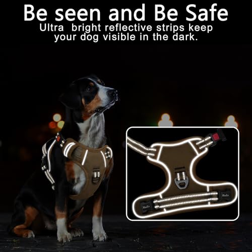 HEELE Hundegeschirr, Brustgeschirre für Hunde, Laufgeschirre Hund mit abschließbarem Schnappverschluss, einstellbare reflektierende Hundegeschirre, Offen am Hals, Anti Zug Dog Harness, Khaki, M