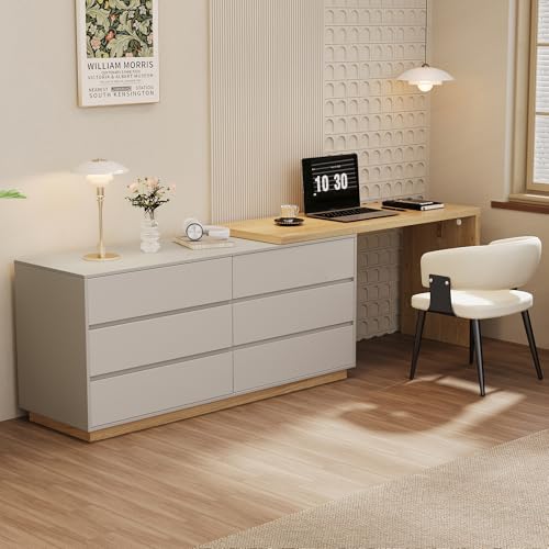 DinaiteEain 5698.5 Expandable Modern L-Shaped Corner Desk with 6 Storage Drawers Adjustable Computer & Vanity Table for Home Office Bedroom Study Writing or Gaming Beige