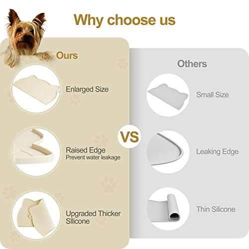 Coomazy Cat Food Mat, Thicker Dog Mat For Food And Water, Non-Slip Waterproof Silicone Mat For Floor, Dog Food Mat With Raised Edge Design To Prevent Food Spills And Water Runoff, Beige #TOP3
