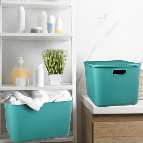 Hoolerry 8 Pieces Colorful Storage Bins with Lid, Plastic Storage Basket Organizing Container Stackable Box with Handle for Shelves Desktop Playroom Office(16.1 x 12.0 x 9.7 Inch,Green) by Hoolerry - Image 5