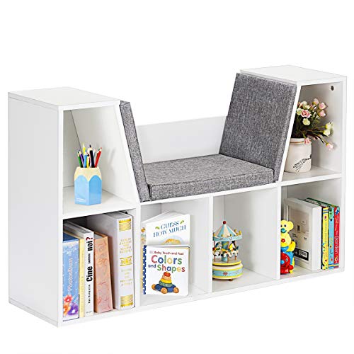 Image of Costzon 6-Cubby Kids Bookcase w/Cushioned Reading Nook, Multi-Purpose Storage Organizer Cabinet Shelf for Children Girls & Boys Bedroom Decor Room (White)