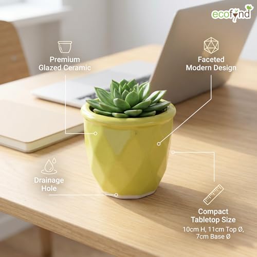 Image of ecofynd 4 Inch Ceramic Plant Pots with Drainage Hole, Modern Decorative Clay Flower Pots for Indoor Plants, Home Garden Decor for Living Room, Bedroom & Interior Spaces (CPOT043-LGN)