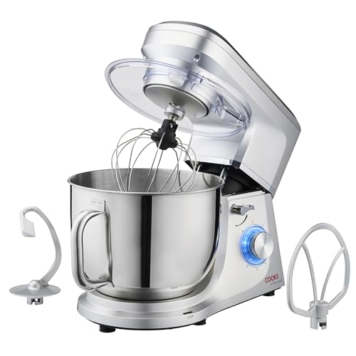 Cooks Professional Stand Mixer 1200W with 6 Speeds & Pulse Function, 7L Stainless Steel Mixing Bowl, Splash Guard, Whisk, Beater & Dough Hook | Electric Kitchen Mixer for Cakes, Bread, Baking | Silver