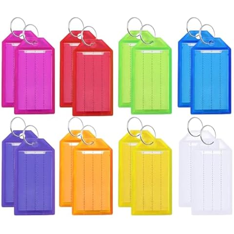 16 Pack Key Tags Tough Plastic Key Tag with Split Ring & Blank Paper Labels & Transparent Window Covers Assorted Colors Key Chain Label Sturdy Item Identifiers 2 Inch ID Tag for Keys (8 Colors) Cover