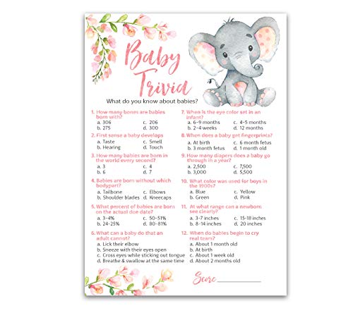 PINK ELEPHANT Baby Shower Game â€” BABY TRIVIA Game â€” Pack of 25 â€” Fun Baby Facts Game, GIRL Baby Shower Game, Pink Floral Baby Elephant Baby Shower Activity, Baby Trivia Baby Shower Game, SKU G530-TRV