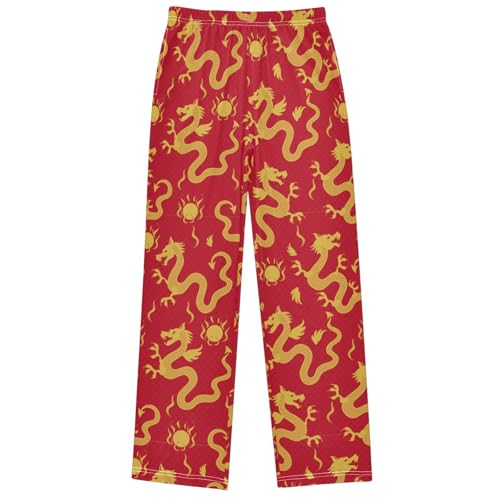 Boy's Pants Gold Dragon Fire Ball Red Jogger Pants Elastic Waist Long Bottoms Trousers with Pockets 6-14 Years
