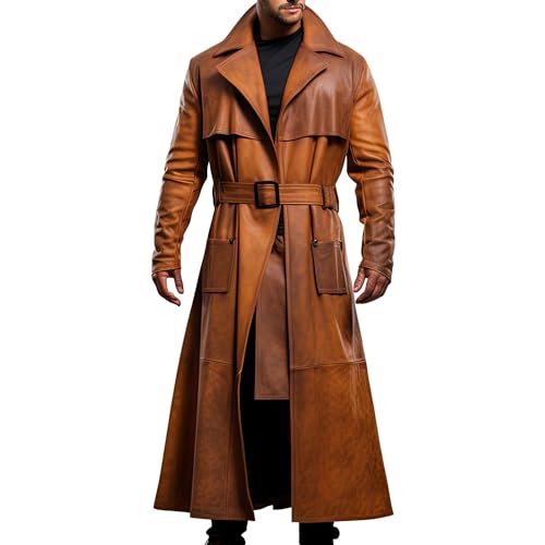 Men’s Real Leather Peanut Coat - Brown Long Trench Coat Full Length Cowboy Western Duster Costume for Men