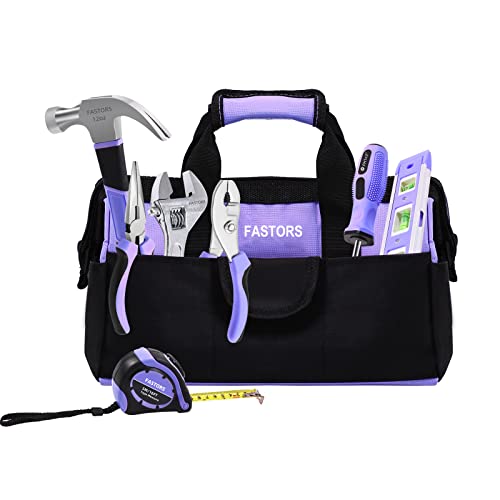 Fastors Purple Tool Bag For Women With 13-Inch Wide Mouth,Tool Bag With 8 Pockets Outside And 2 Pockets Inside(Purple) #TOP4