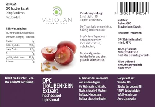 OPC TRAUBENKERN EXTRAKT hochdosiert, 15ml, LIPOSOMAL | Reich an natürlichen Polyphenolen | Reines OPC (mind. 99,5%) | Höchste Bioverfügbarkeit aus französischen Weintrauben
