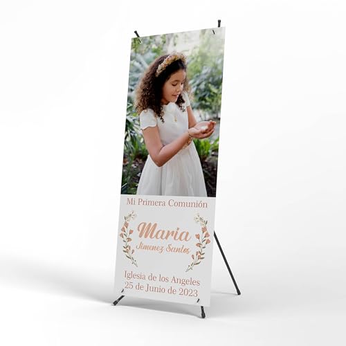 Photocall Comunion Niño y Niña – Cartel Personalizado X-Banner 70X180 cm para Fiesta con Nombres, Fecha y Foto (Modelo 2)