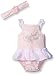 Calvin Klein Baby Girls' Interlock Lace Accent Sunsuit with Headband, Pink, 0-3 Months