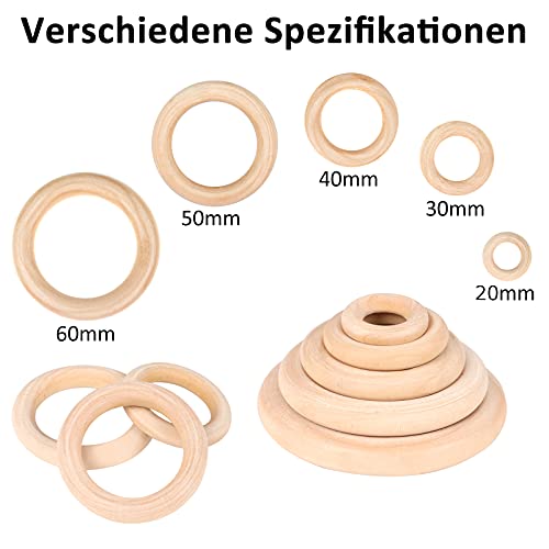 Holzringe, 20 Stück Makramee Holzring Hölzern, Natürlich Holz Ringe, Holzringe Zum Basteln Baby, Upgrade Naturholzringe, Holz Beißringe Kreis für DIY Schmuck, Handwerk (20/30/40/50/60mm)