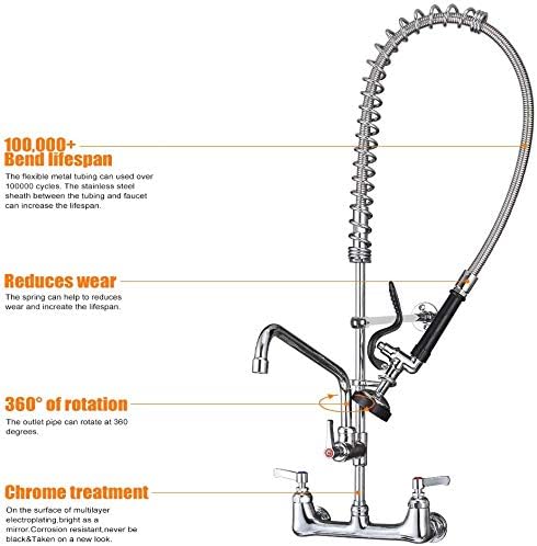 MSTJRY Commercial Sink Faucet with Pre Rinse Sprayer: 35"Height 8"Adjustable Center 12"Swivel Spout Wall Mount Pre Rinse Faucet-Perfect for 2/3 Compartment Sink (Polished Chrome,Stainless Steel&Brass) - Image 3