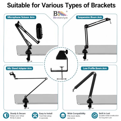 Image of BROLAVIYA Heavy Duty Desk Clamp Mount with Headphone Hook, Metal Table C Clamp Base, Universal Mic Boom and Scissor Base for Scissor Arms, Low Profile Arms, Fits Up to 2.36 inch 6cm Thickness