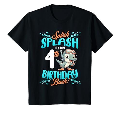 キッズ Splish Splash 4歳の誕生日 バッシュ イルカ ダイビング 4歳 Tシャツ