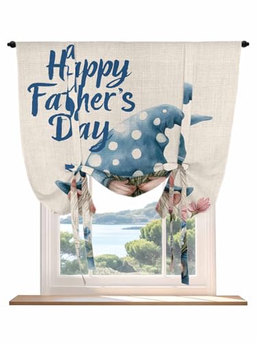 Tie Up Curtains for Windows Happy Father's Day Roman Shade 52 x 45 Inch Bathroom Curtains Window Blue Gnomes Floral Linen Rod Pocket Short Balloon Curtains for Living Room Kitchen Small Blinds
