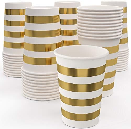 Gold Paper Cups for Party 12 Oz Pack 50 - Disposable White Cups with Gold Foil Stripes for Beverages - Party Supplies Cold Hot Drinks - Cups for Birthday Anniversary Wedding