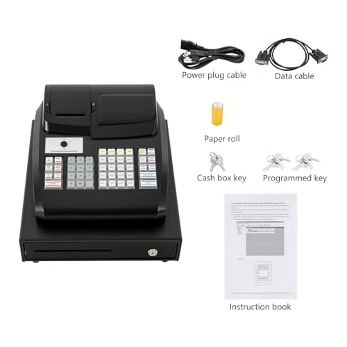 Image of 47 Keys Electronic Cash Register, Small Cash Register Portable Sales Register with Extra-Long Check Opening for Retailers and Food Markets 15.75 x 12.8 x 9 Inch Black