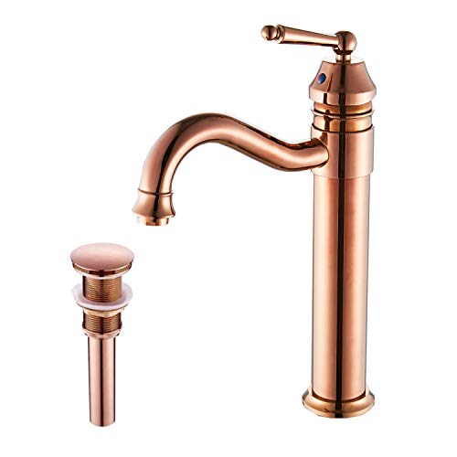 GGStudy Tall Body Single Handle One Hole Bathroom Vessel Sink Faucets Copper Finish With Pop Up Drian Without Overflow