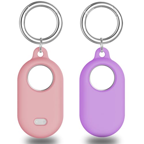 Tyanuzz Smart Tag 2 Case Compatible with Samsung Smarttag2, Silicone Protective Cover for Samsung Galaxy Smart Tag 2 with Keychain, Anti-Lost GPS Tracker Holder for Keys, Pets(2 Pack, Pink & Purple)