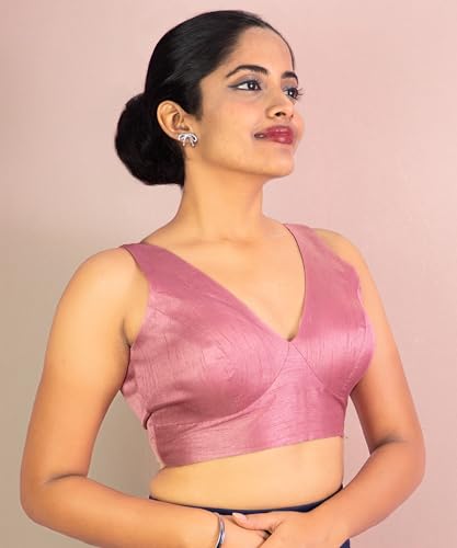 Image of FIGURE'S DESIGNER Women's Dupion Raw Silk Sleeveless V Neck Sabyasachi Cut Readymade Saree Blouse Padded Stitched S4