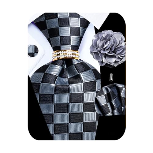 Image of 5PCS Mens Premium Silk Tie, Pocket Square, Cufflinks, Drilled Tie Ring and Lapel Pin Set for Wedding Groom Party