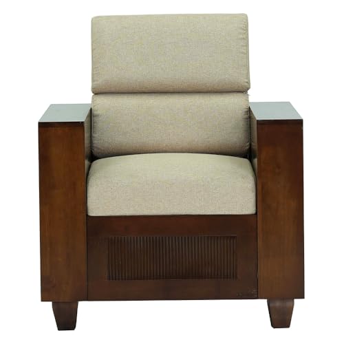 Image of Royaloak Mourya Wooden Single Seater Sofa with Beige Colour Cushion | Solid Wood | Fabric | Molded Cushions | Durable & Long Lasting | Emperor Collection